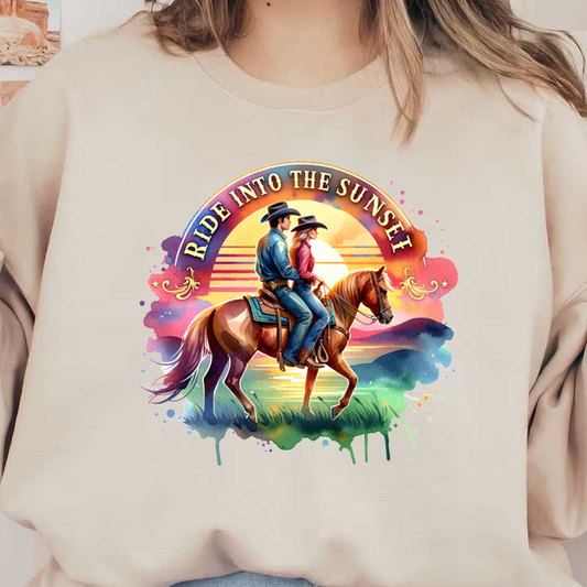 A vibrant, artistic depiction of a couple riding a horse towards a colorful sunset, radiating romance and adventure.dtf regular iron