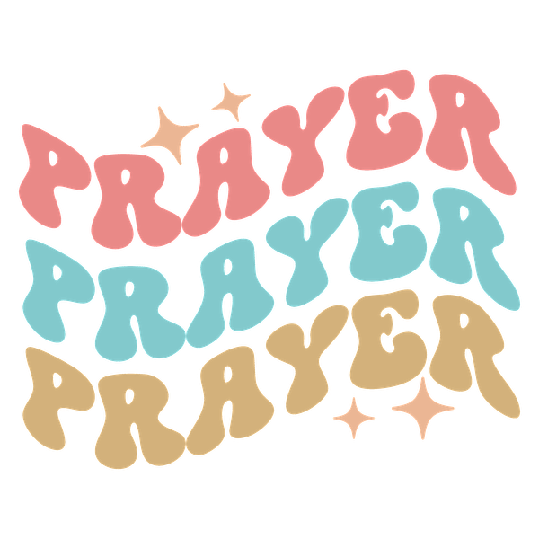 Diseño gráfico divertido que presenta la palabra "PRAYER" en colores vibrantes de inspiración retro con extravagantes acentos de estrellas.