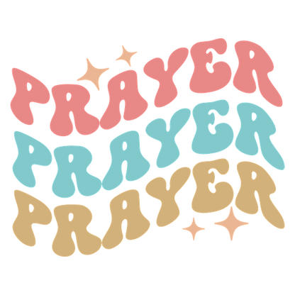 Diseño gráfico divertido que presenta la palabra "PRAYER" en colores vibrantes de inspiración retro con extravagantes acentos de estrellas.