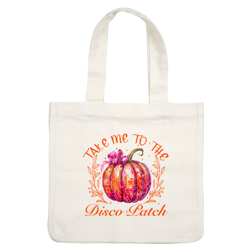 A vibrant, mosaic-style pumpkin adorned with a bow and the whimsical phrase "Take me to the Disco Patch." dtf prints