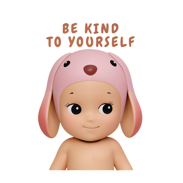 This adorable character, wearing a pink bunny hat, promotes the uplifting message: "Be Kind to Yourself."DTF Transfers