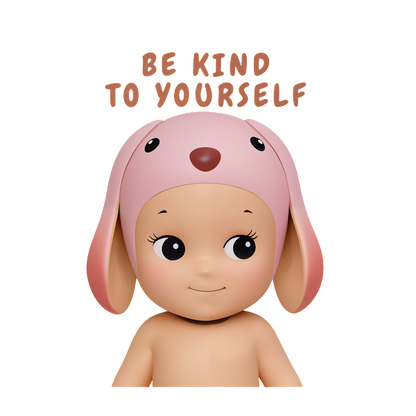 This adorable character, wearing a pink bunny hat, promotes the uplifting message: "Be Kind to Yourself."DTF Transfers