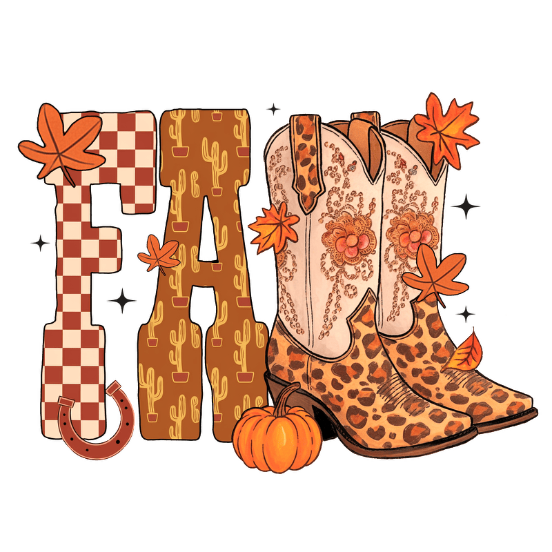 Stylish cowboy boots with autumn decor, featuring leopard print and floral designs.DTF Transfers