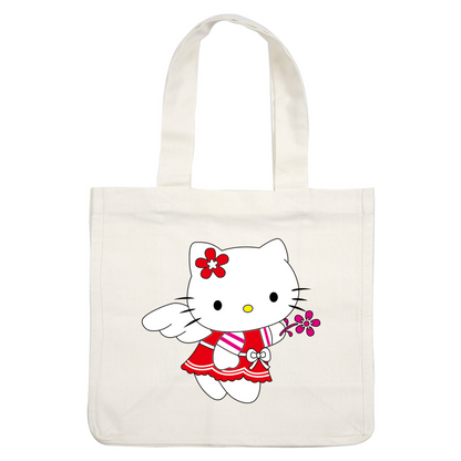 Adorable Hello Kitty is dressed in a vibrant red outfit with a flower accessory, showcasing her cute and playful charm.DTF Transfers