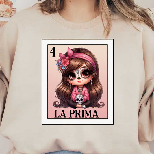 A charming illustration of a girl with a sugar skull makeup, adorned with flowers, holding a skull and wearing a pink outfit. heat press transfers