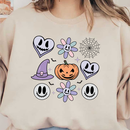 A whimsical Halloween-themed illustration featuring a grinning pumpkin, ghostly hearts, playful flowers, and a witch's hat, all in pastel colors. heat press transfers