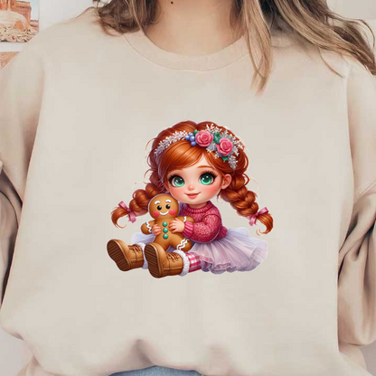 A cute animated girl with braided hair, wearing a sweater and skirt, joyfully hugs a gingerbread cookie.DTF Transfers dtf prints