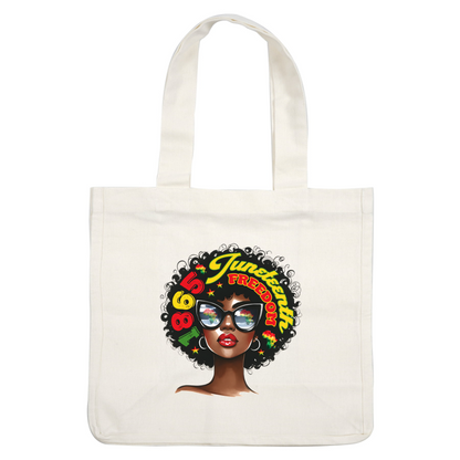 Una ilustración vibrante que celebra el Día de la Independencia, con una mujer elegante con un afro, gafas de sol y un texto llamativo que expresa libertad.