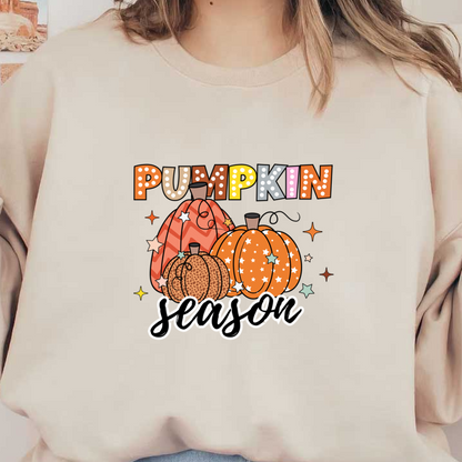 Celebrate "Pumpkin Season" with a whimsical design featuring colorful pumpkins adorned with stars and a playful typography style! heat press transfers