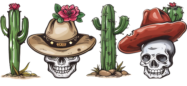 A colorful and whimsical illustration featuring skulls adorned with hats beside cacti, blending Mexican motifs with vibrant floral accents.UV Transfers dtf prints