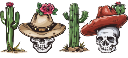 A colorful and whimsical illustration featuring skulls adorned with hats beside cacti, blending Mexican motifs with vibrant floral accents.UV Transfers dtf prints