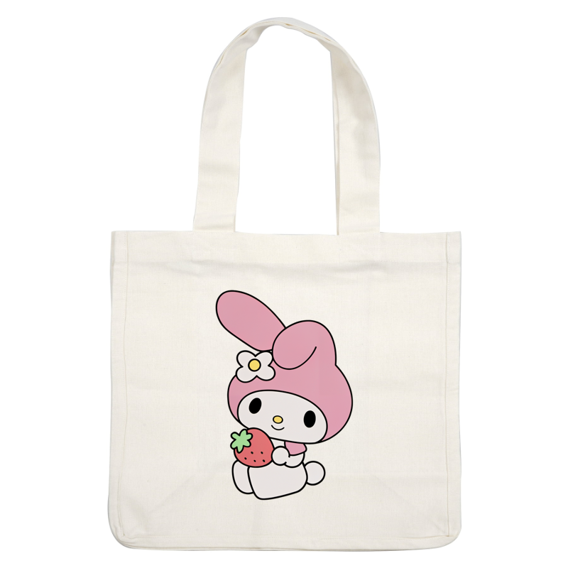 Lindo personaje de My Melody con un sombrero de conejito rosa, sosteniendo una fresa y adornado con una flor blanca. Transferencias DTF