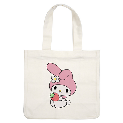 Lindo personaje de My Melody con un sombrero de conejito rosa, sosteniendo una fresa y adornado con una flor blanca. Transferencias DTF