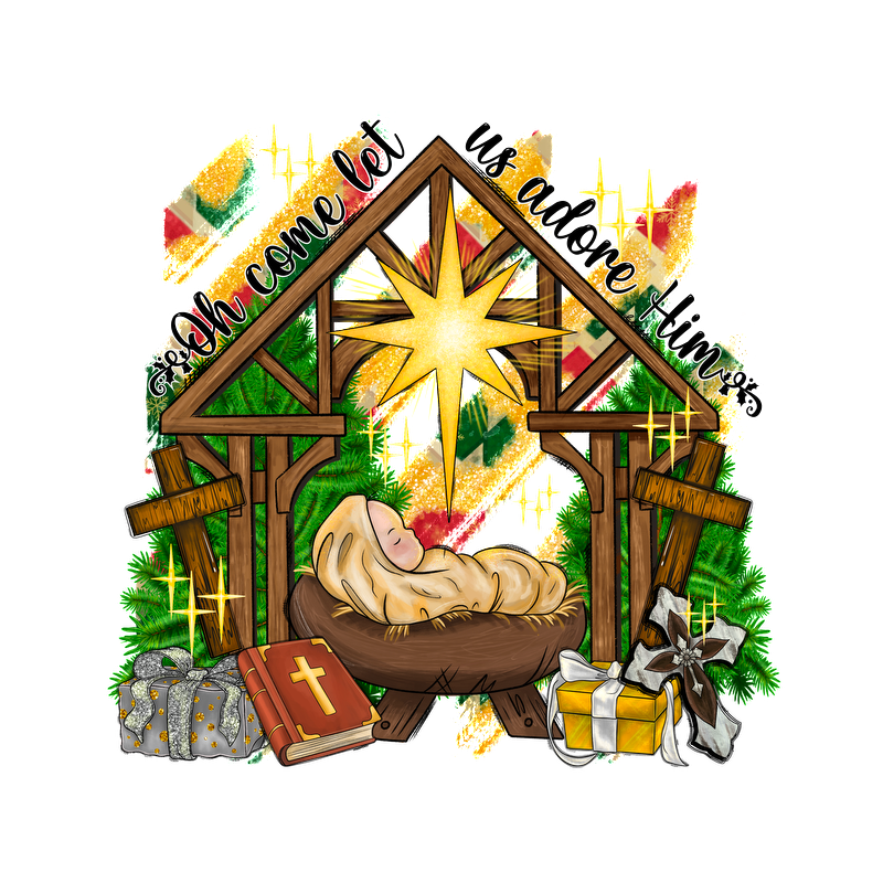 A charming nativity scene featuring a peaceful baby in a manger, surrounded by gifts and decorated with festive greenery.DTF Transfers dtf transfers