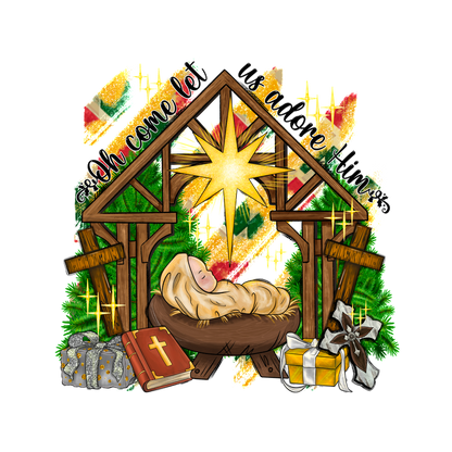 A charming nativity scene featuring a peaceful baby in a manger, surrounded by gifts and decorated with festive greenery.DTF Transfers dtf transfers