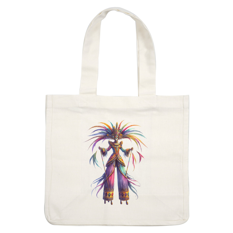 A vibrant, colorful character adorned with a stunning feathered headdress and intricate costume featuring flowing fabrics and sparkling embellishments.DTF Transfers