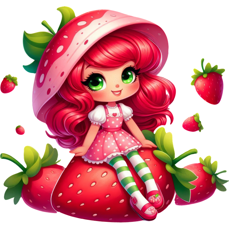 A cute, animated character with strawberry-themed attire and vibrant red hair, surrounded by colorful strawberries.DTF Transfers