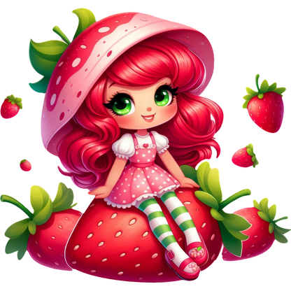 A cute, animated character with strawberry-themed attire and vibrant red hair, surrounded by colorful strawberries.DTF Transfers