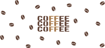 A cheerful design featuring the word "COFFEE" in various colors, surrounded by scattered coffee beans.UV Transfersdtf regular iron