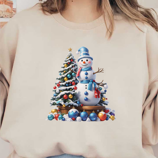 Celebrate the season with a charming snowman wearing a scarf, surrounded by a beautifully decorated Christmas tree and colorful ornaments.DTF Transfersdtf regular iron