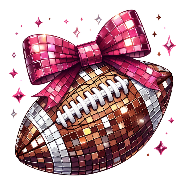 A playful, glittery football adorned with a big pink bow, perfect for a fun celebration or event! dtf prints