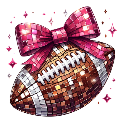 A playful, glittery football adorned with a big pink bow, perfect for a fun celebration or event! dtf prints