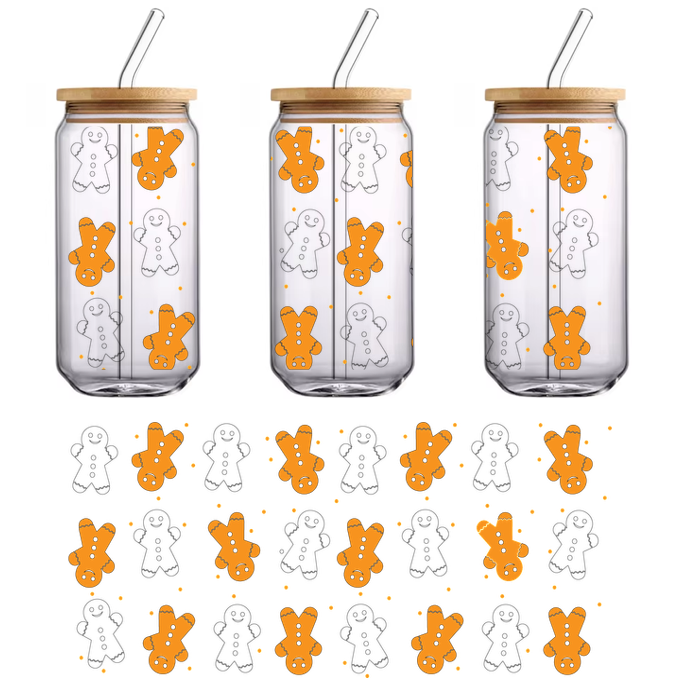 A playful pattern of adorable gingerbread men against a dark background, perfect for festive designs or holiday decor.UV Transfers heat press transfers