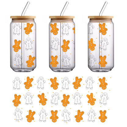 A playful pattern of adorable gingerbread men against a dark background, perfect for festive designs or holiday decor.UV Transfers heat press transfers