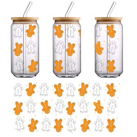 A playful pattern of adorable gingerbread men against a dark background, perfect for festive designs or holiday decor.UV Transfers heat press transfers