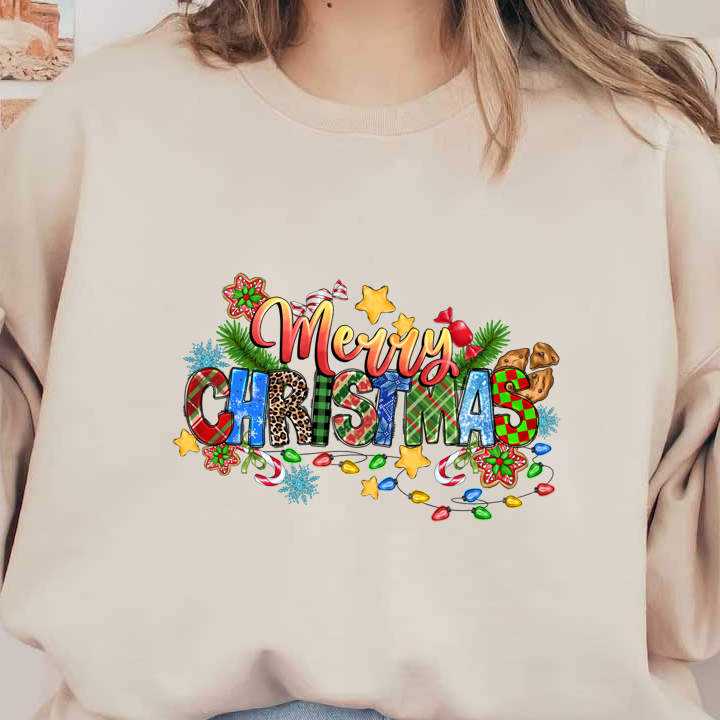 Colorful and festive "Merry Christmas" design featuring playful patterns, holiday treats, and cheerful decorations to evoke holiday spirit.DTF Transfers dtf prints