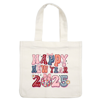 Celebrate the festive spirit with this colorful "Happy New Year 2025" design featuring playful fonts, bows, and a disco ball!DTF Transfers