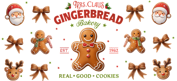 Festive and cheerful, this gingerbread-themed design features smiling cookies, Santa, and reindeer, perfect for holiday celebrations!UV Transfers dtf transfers