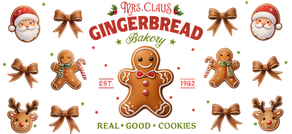 Festive and cheerful, this gingerbread-themed design features smiling cookies, Santa, and reindeer, perfect for holiday celebrations!UV Transfers dtf transfers