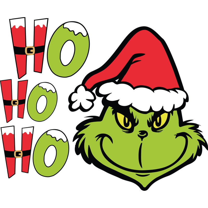 Celebrate the season with this playful Grinch design, featuring a mischievous smile and festive "Ho Ho Ho" lettering!DTF Transfers heat press transfersdtf regular iron