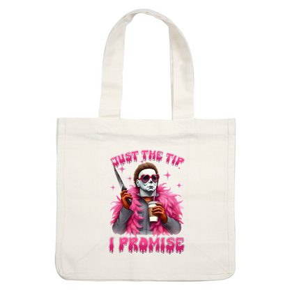 A humorous graphic featuring a character in a pink fur coat, sunglasses, and a knife, holding a beverage with playful text.dtf regular iron