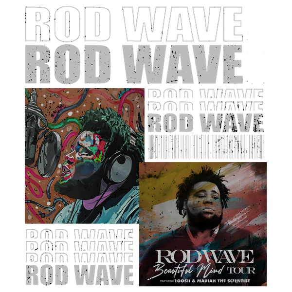 A vibrant promotional poster for Rod Wave's "Beautiful Mind Tour," featuring colorful artwork and bold text featuring his name.DTF Transfers dtf transfers