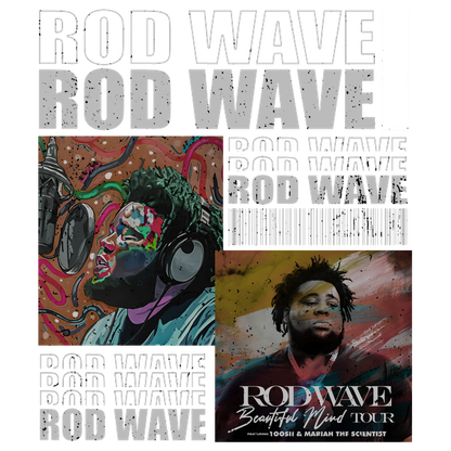 A vibrant promotional poster for Rod Wave's "Beautiful Mind Tour," featuring colorful artwork and bold text featuring his name.DTF Transfers dtf transfers