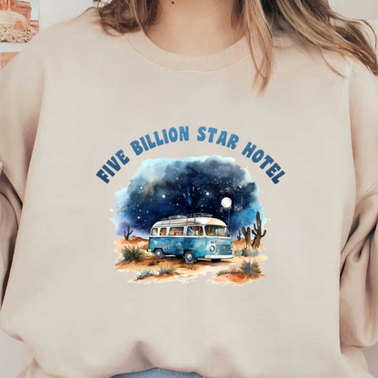 Una ilustración caprichosa de una autocaravana azul antigua bajo un cielo nocturno estrellado, con la frase "Hotel de cinco mil millones de estrellas".