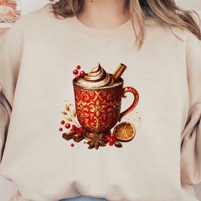 A beautifully ornate red mug filled with whipped cream, topped with cinnamon sticks, surrounded by festive spices and berries. heat press transfers