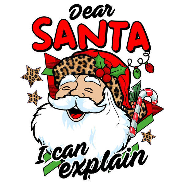 Un divertido diseño navideño que presenta a Papá Noel con un gorro con estampado de leopardo y la frase "Santa, puedo explicarlo".