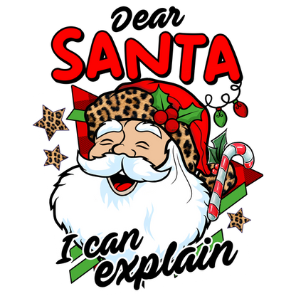 Un divertido diseño navideño que presenta a Papá Noel con un gorro con estampado de leopardo y la frase "Santa, puedo explicarlo".