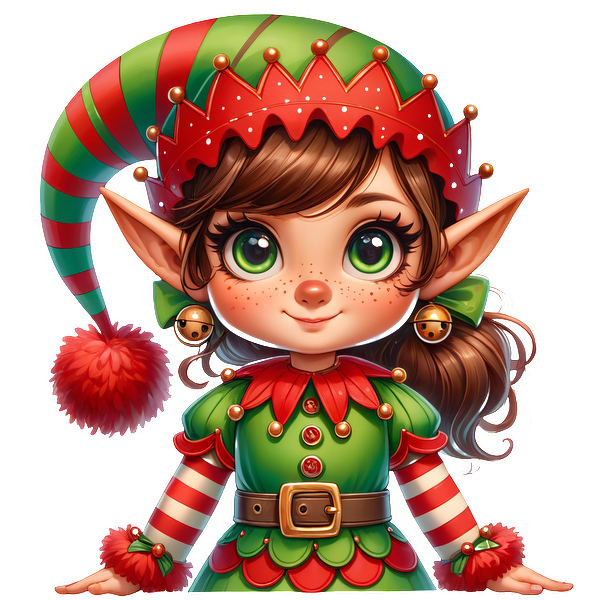 A cute, cartoon-style elf girl with vibrant green and red attire, complete with a playful hat and cheerful expression.DTF Transfersdtf regular iron