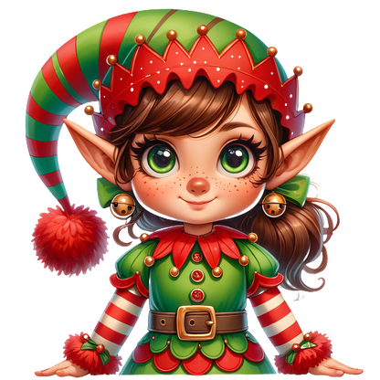 A cute, cartoon-style elf girl with vibrant green and red attire, complete with a playful hat and cheerful expression.DTF Transfersdtf regular iron