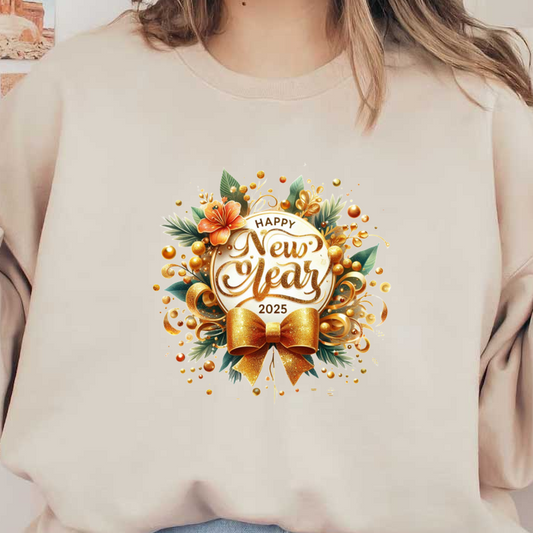 Celebrate the arrival of 2025 with this vibrant "Happy New Year" design featuring golden accents, floral elements, and a festive bow!DTF Transfers