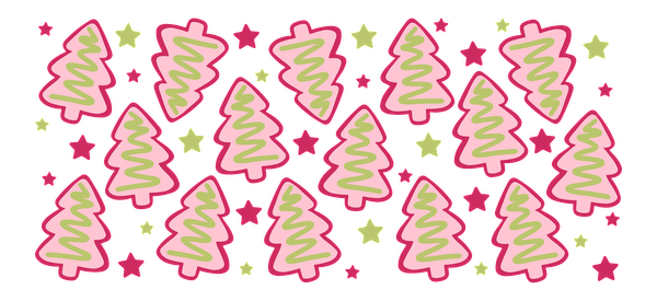 A festive pattern featuring cute pink Christmas trees adorned with green swirls and surrounded by colorful stars.UV Transfers dtf transfers