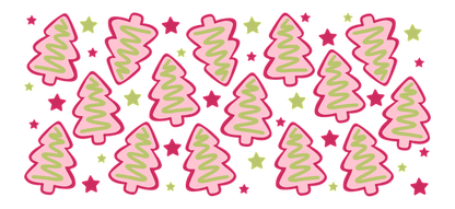 A festive pattern featuring cute pink Christmas trees adorned with green swirls and surrounded by colorful stars.UV Transfers dtf transfers