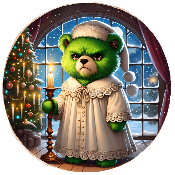 A whimsical green teddy bear in a lacy white nightgown and hat, holding a candle by a festive window.DTF Transfersdtf regular iron