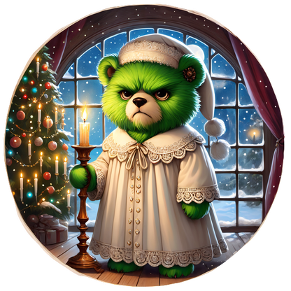 A whimsical green teddy bear in a lacy white nightgown and hat, holding a candle by a festive window.DTF Transfersdtf regular iron