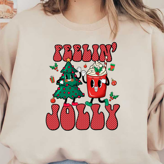 A fun and festive graphic featuring a cheerful Christmas tree and a smiling holiday drink, topped with whipped cream and decorations. dtf transfers