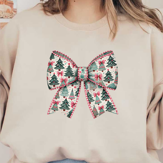 A festive Christmas bow adorned with a playful pattern of trees, ornaments, and ribbons, perfect for holiday decorations. heat press transfers